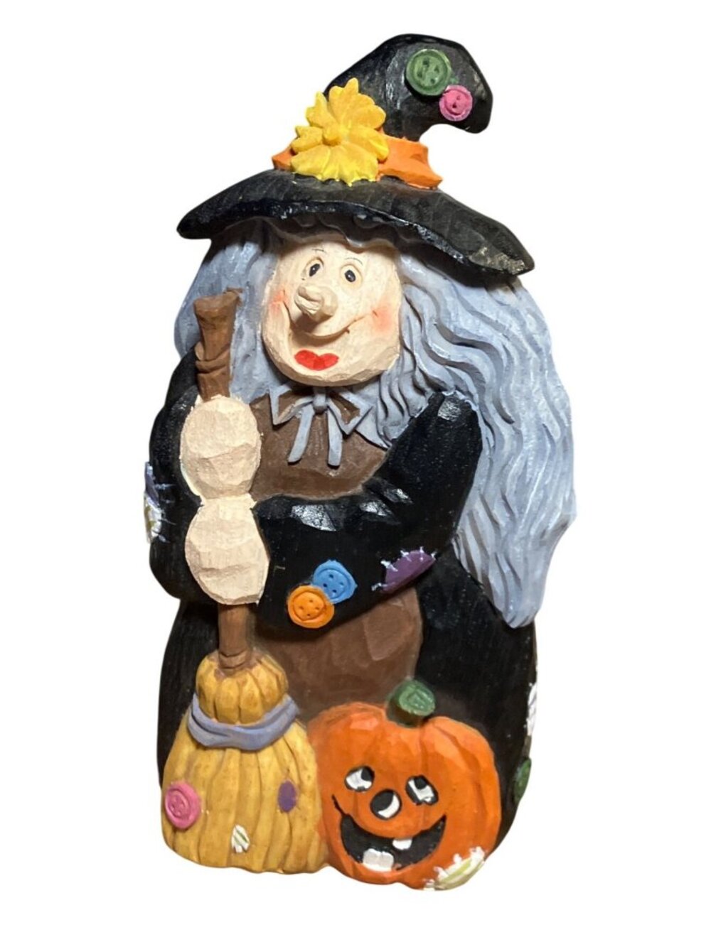 Hand Painted Halloween Witch Figurine With Broom & Pumpkin Rustic Fall Decor - Picture 2 of 11